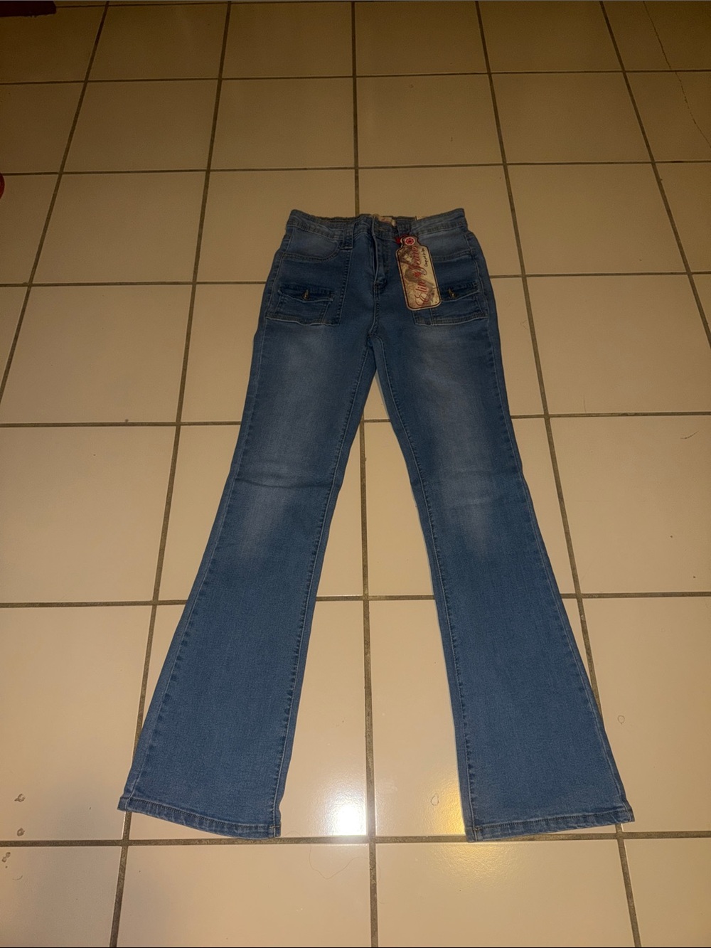 NWT Mid-Wash Blue Flare Jeans with Front Patch Pockets